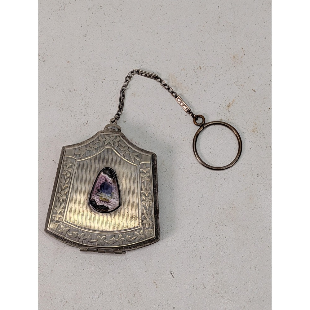 Vintage Silver Tone Compact Mirror Powder Case Chain Finger Ring Floral Enamel